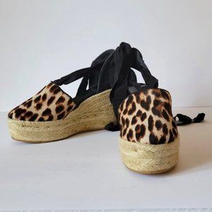 Tory Burch Calf Hair Animal Print Ankle Wrap Espadrille Wedge Sandals NWOB